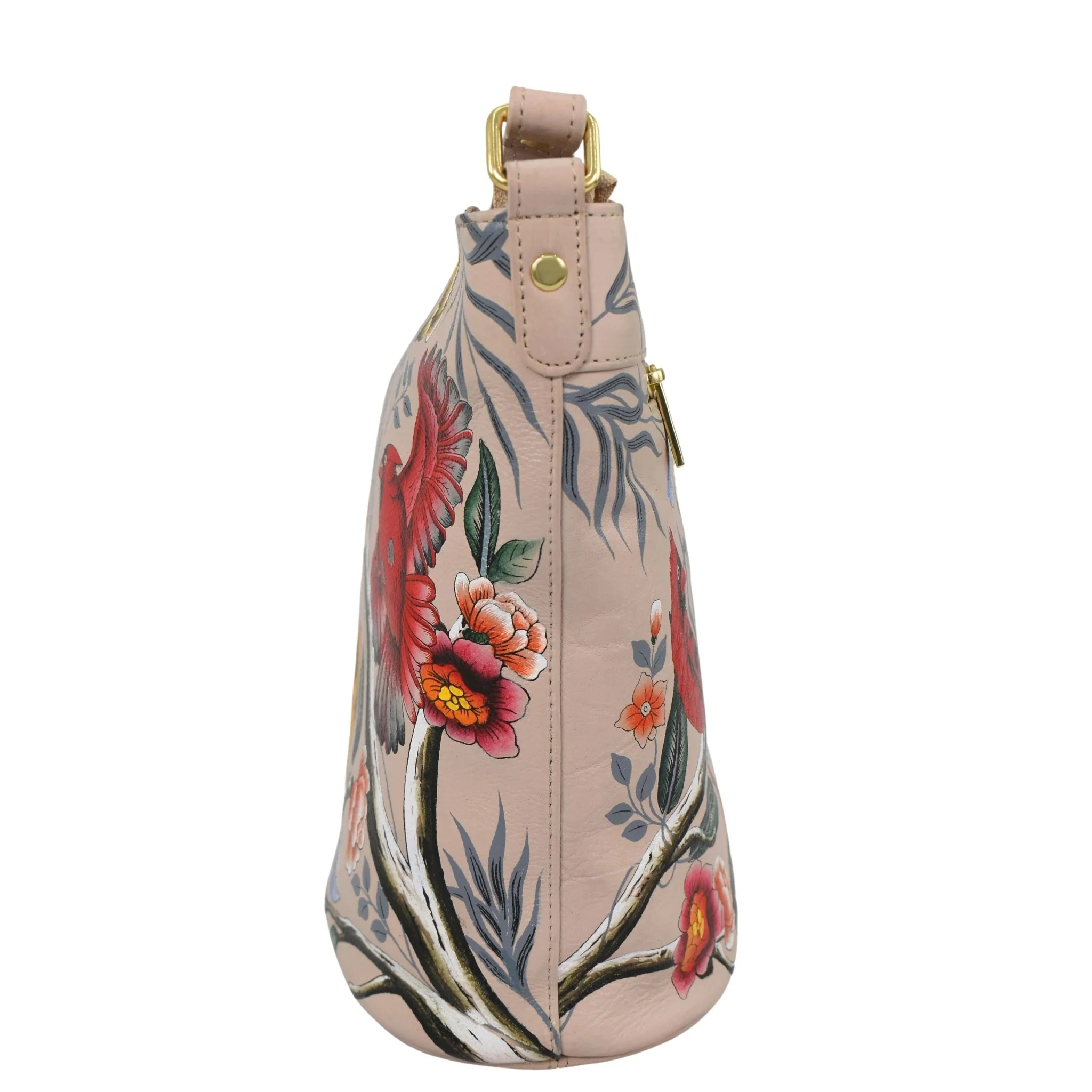 Hand-Painted Cardinals Leather Bucket Bag - Image 3