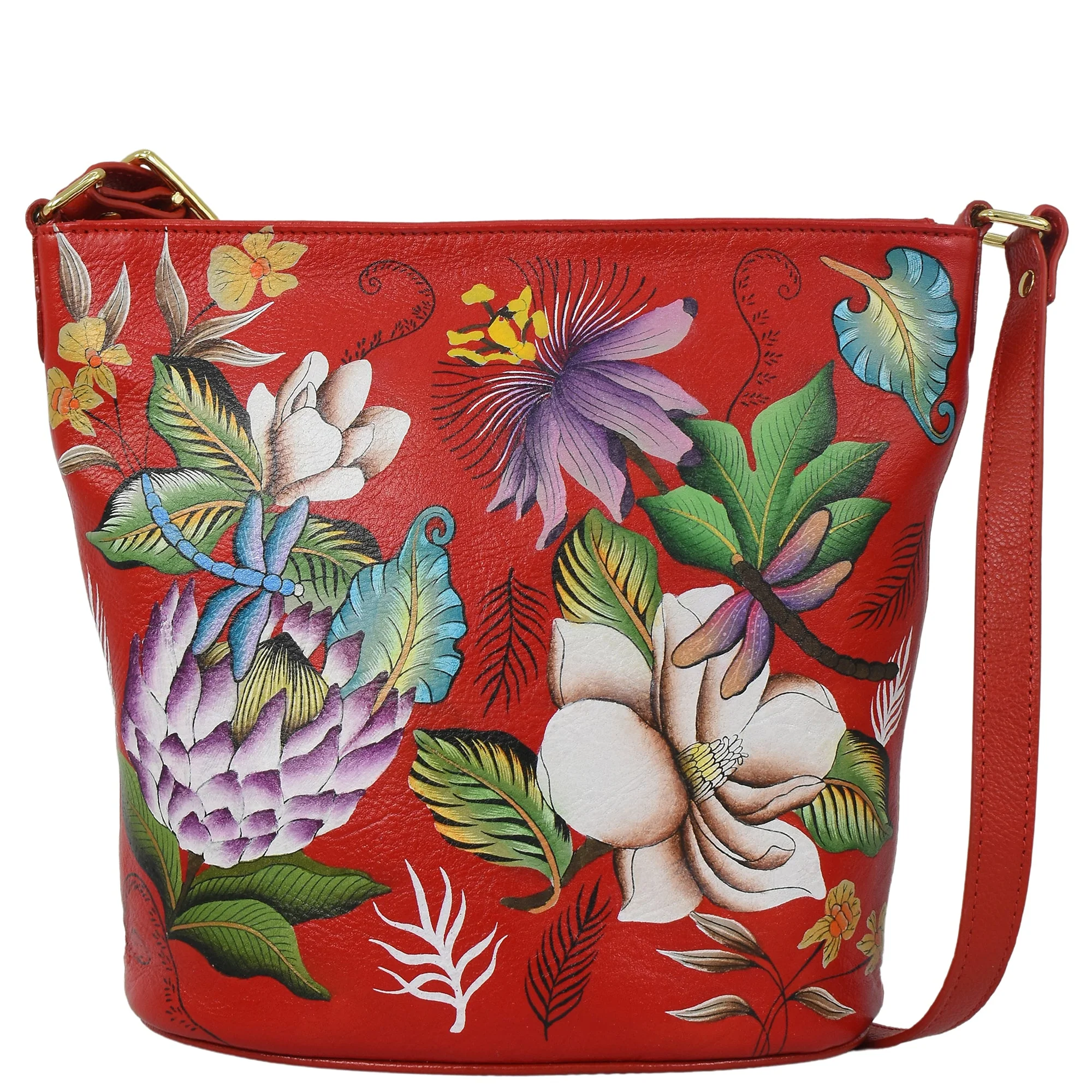 Hand-Painted Cardinals Leather Bucket Bag - Image 5