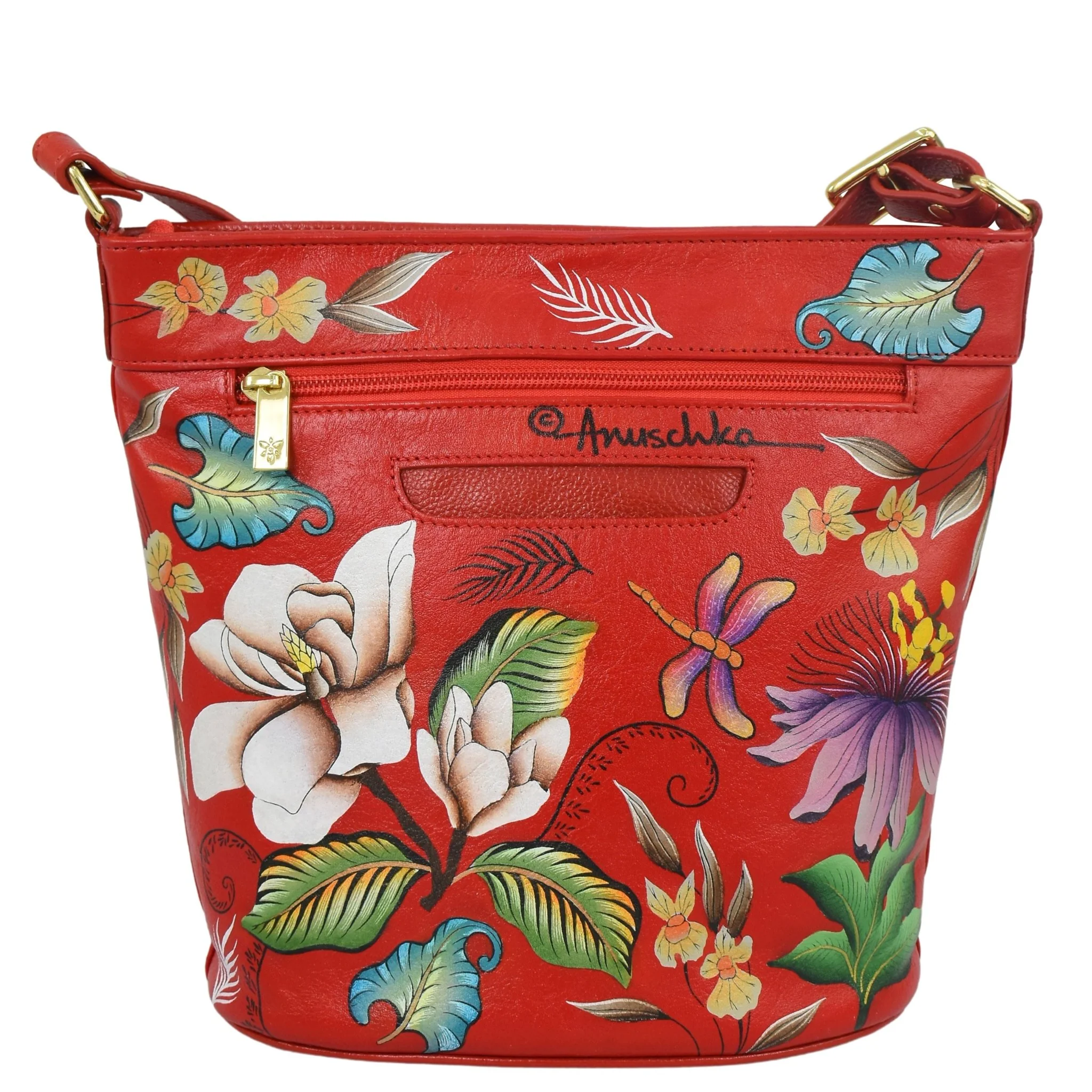 Hand-Painted Cardinals Leather Bucket Bag - Image 6